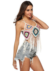 Top corto con flecos y bloques de color, con aberturas de crochet, chaleco sexy