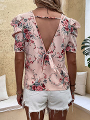 Round Neck Printed Puff Sleeve Back Cutout Top Short Sleeves