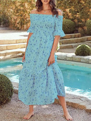 Printed Elastic Pleated Boat Neck Dress