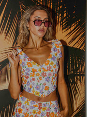 Sexy bedrucktes V-Ausschnitt Fischgrätenmuster Plissee Cropped Tie Sling