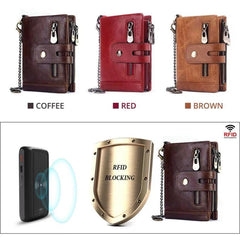 Cartera de cuero para hombre con doble cremallera y multifunción de piel de vaca encerada con RFID antirrobo