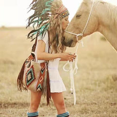 Women Retro Tassel Felt Geometric Print Ethnic Handbag