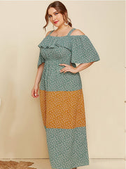 Vestido floral holgado con volantes y contraste de colores