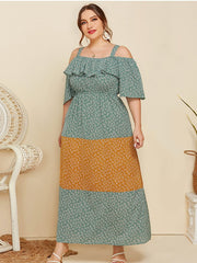 Vestido floral holgado con volantes y contraste de colores