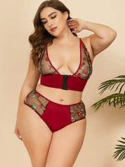 Plus Stickerei Spitze Perspektive Dessous Zweiteiliges Set