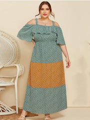 Vestido floral holgado con volantes y contraste de colores