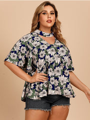 Temperament Commuter Top mit Lotusblattärmeln und Blumenmuster