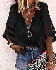 V-Neck Zip Shirt Half-Flare Sleeve Mesh Panel Loose Casual Shirt