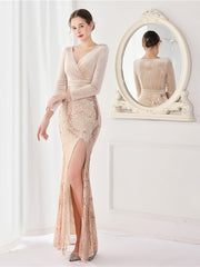 Elegante vestido de noche de cola de pez de manga larga