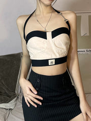 Slim Fashion Contrast Color Halter Backless Tank Top