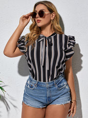 Top casual para mujer con mangas de loto y rayas blancas y negras