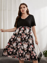 Vestido holgado de cintura alta con cuello en V y manga corta