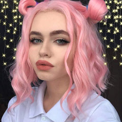 Women's pink water ripple short curly hair wigs
