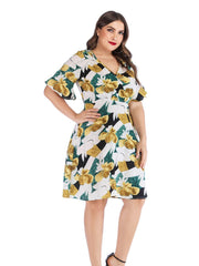 V-Neck Ruffle Print Panel Dress