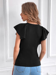 Jersey de manga corta con volantes y cuello redondo de color liso