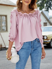 Camiseta informal holgada de media manga con cuello cuadrado y panel de encaje