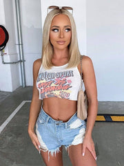 Camiseta de tirantes súper corta con estampado de cómic, top informal de verano recortado hasta el ombligo