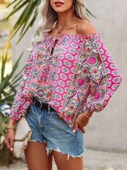 Schulterfreies Rüschenhemd mit Blumenmuster im Bohemian-Stil