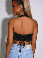 Neckholder-Tanktop aus Satin mit Spitze