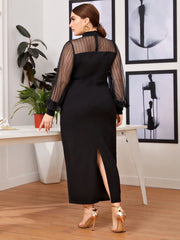 Mesh Stitching Half-high Collar See-through Bag Hip Long Dress
