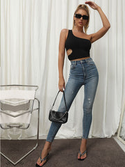 Solid Color One Shoulder Hollow Sloping Shoulder Casual Black Top