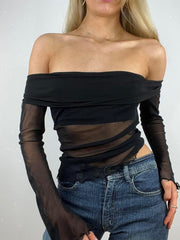 Top informal transparente de malla con mangas largas y hombros descubiertos