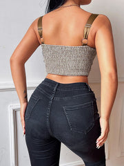 Ribbon Suspender Cropped Check Top Feminine Tunic Tank Top