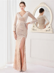 Elegante vestido de noche de cola de pez de manga larga