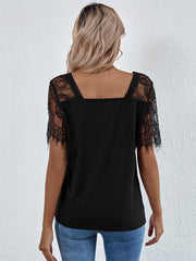 Camiseta holgada de manga corta con encaje y color liso para mujer