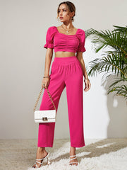 Women's Solid Color Short Sleeve Trousers Two Piece Set