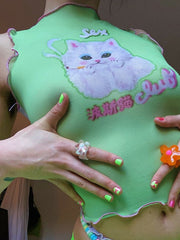 Top corto sin mangas con cuello redondo y estampado de jersey