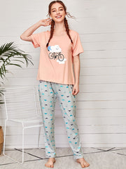 Pyjama-Set mit Fahrrad- und weißer Wolkengrafik