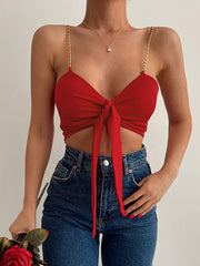 Sexy, schmales, gewickeltes Brust-Sling-Tanktop mit V-Ausschnitt und Volltonfarbe