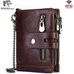 Cartera de cuero para hombre con doble cremallera y multifunción de piel de vaca encerada con RFID antirrobo