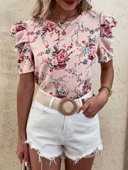 Round Neck Printed Puff Sleeve Back Cutout Top Short Sleeves