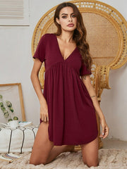 V Collar Short Sleeve Solid Color Home Dress