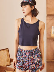 Ribbed Knit Button Front Lettuce Trim Tank Top & Shorts PJ Set