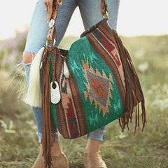 Women Retro Tassel Felt Geometric Print Ethnic Handbag