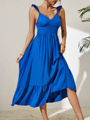 Vestido de encaje con tirantes y vuelo en color liso