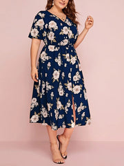 Vestido estampado con escote en V y falda de gasa holgada de longitud media