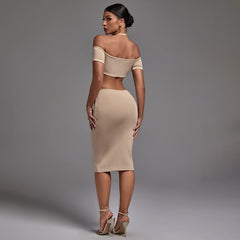 Vestido midi de vendaje con escote halter y mangas cortas