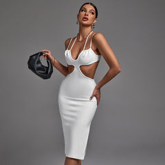 Vestido midi de vendaje con tirantes, sin mangas y cortes