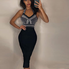 Vestido de vendaje con cuello halter, sin mangas y cuentas, por encima de la rodilla PH01011