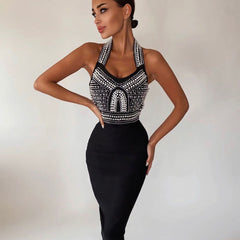 Vestido de vendaje con cuello halter, sin mangas y cuentas, por encima de la rodilla PH01011
