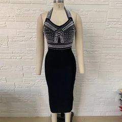 Vestido de vendaje con cuello halter, sin mangas y cuentas, por encima de la rodilla PH01011