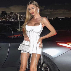 Ärmelloses Mini-Drill-Ketten-Bandage-Kleid mit Riemchen PH01229