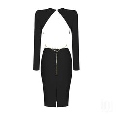 Rundhalsausschnitt, Langarm, rückenfreies Midi-Bandage-Kleid PHD1737