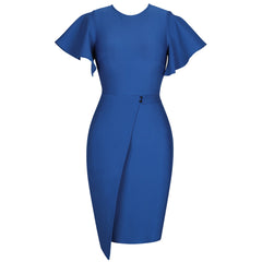 Bandage-Kleid mit Rundhalsausschnitt und kurzen Ärmeln, Rüschen über dem Knie, PP091908