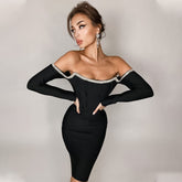 Off Shoulder Long Sleeve Drill Chain Mini Bandage Dress PZC1013