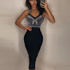 Vestido midi de vendaje con cuello halter, sin mangas y cuentas de burbujas PZC1279